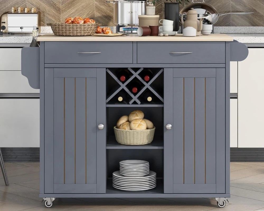 multi purpose kitchen island cart with storage and wine rack 01