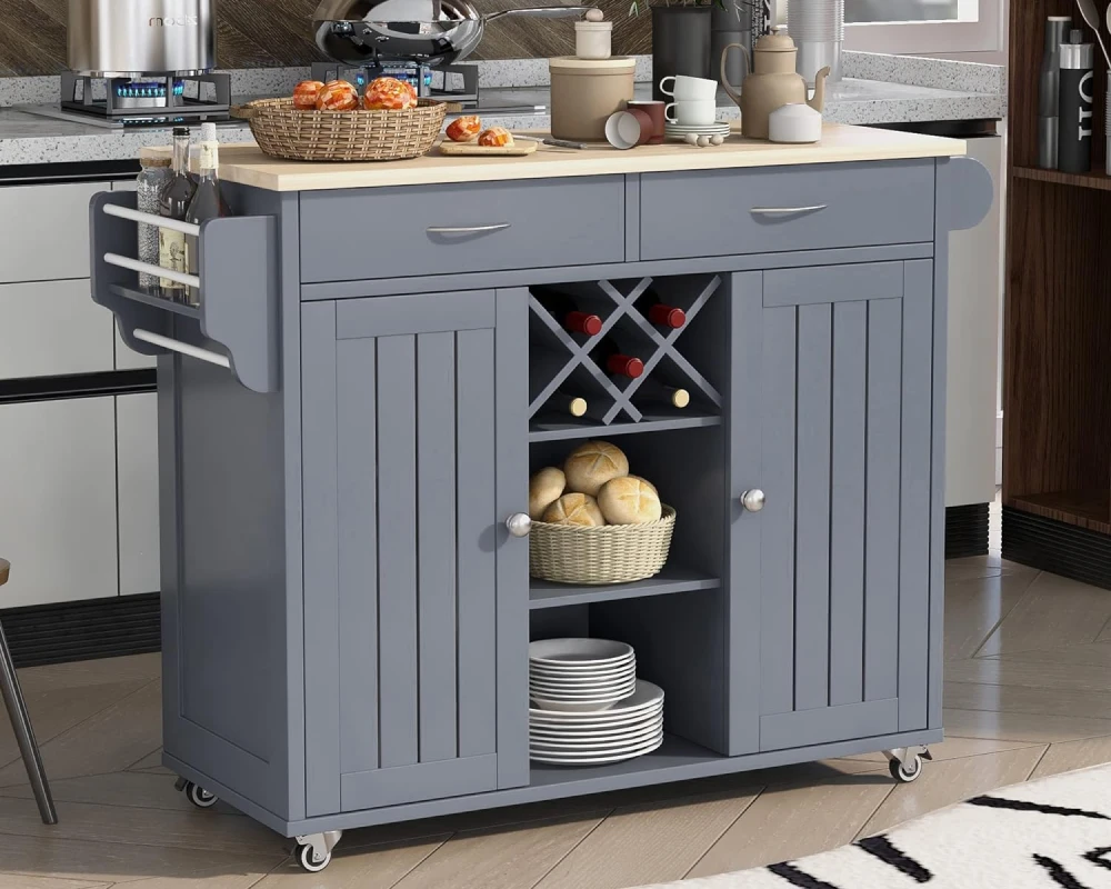 multi purpose kitchen island cart with storage and wine rack 02